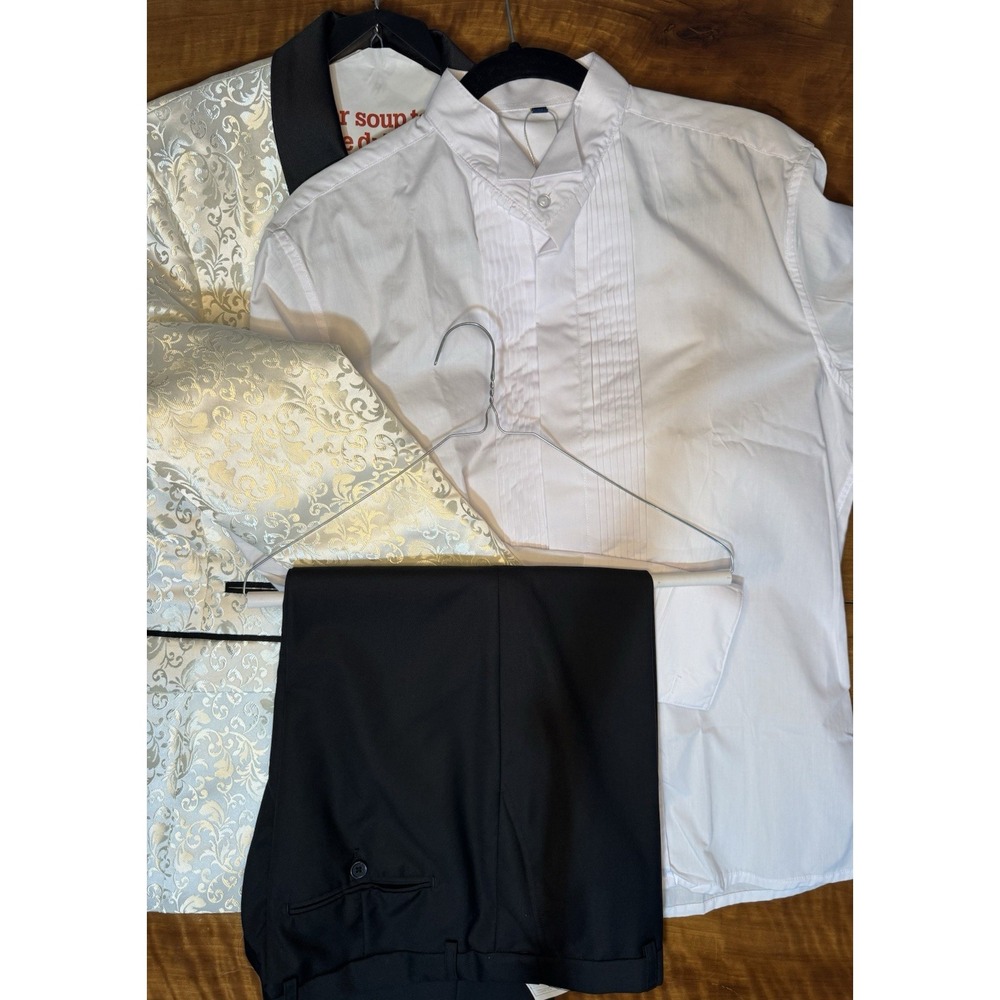 Tuxedo Set Medium‎ Silver Brocade Blazer Black Lapel Pants Shirt NWOT
